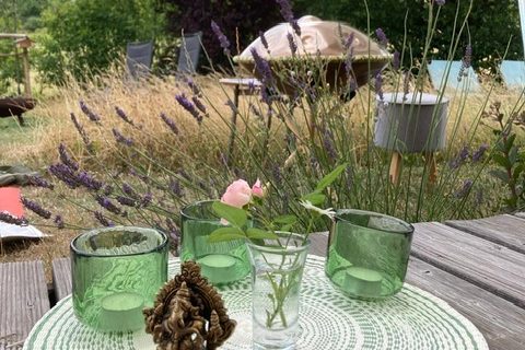 Blühende Wiese mit Instrument Handpan - Entspannte Stimmung eingefangen
