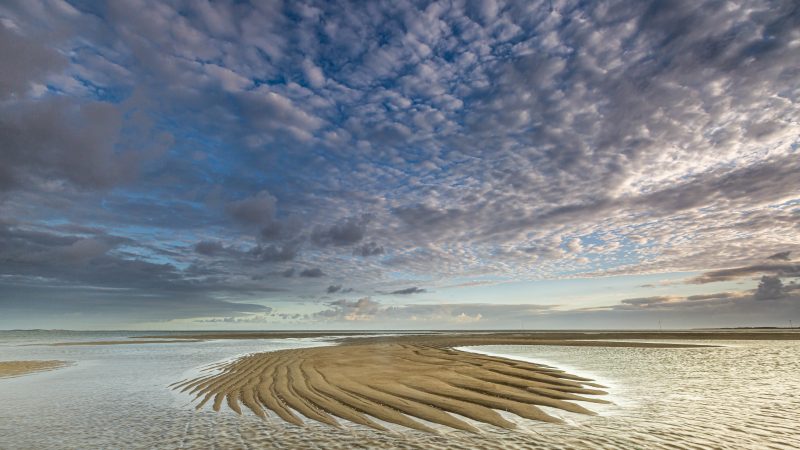weite Wattlandschaft mit Wellenmuster am Boden und kleinen Wolken am blauen Himmel